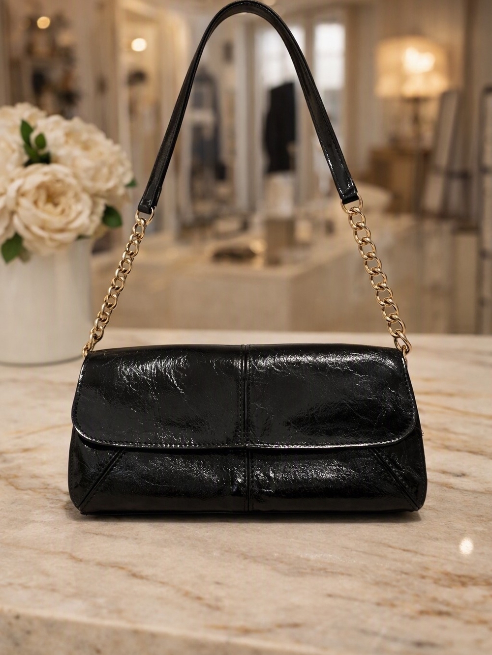 NWT Liz Claiborne Black Patent Shoulder Bag Gold Chain